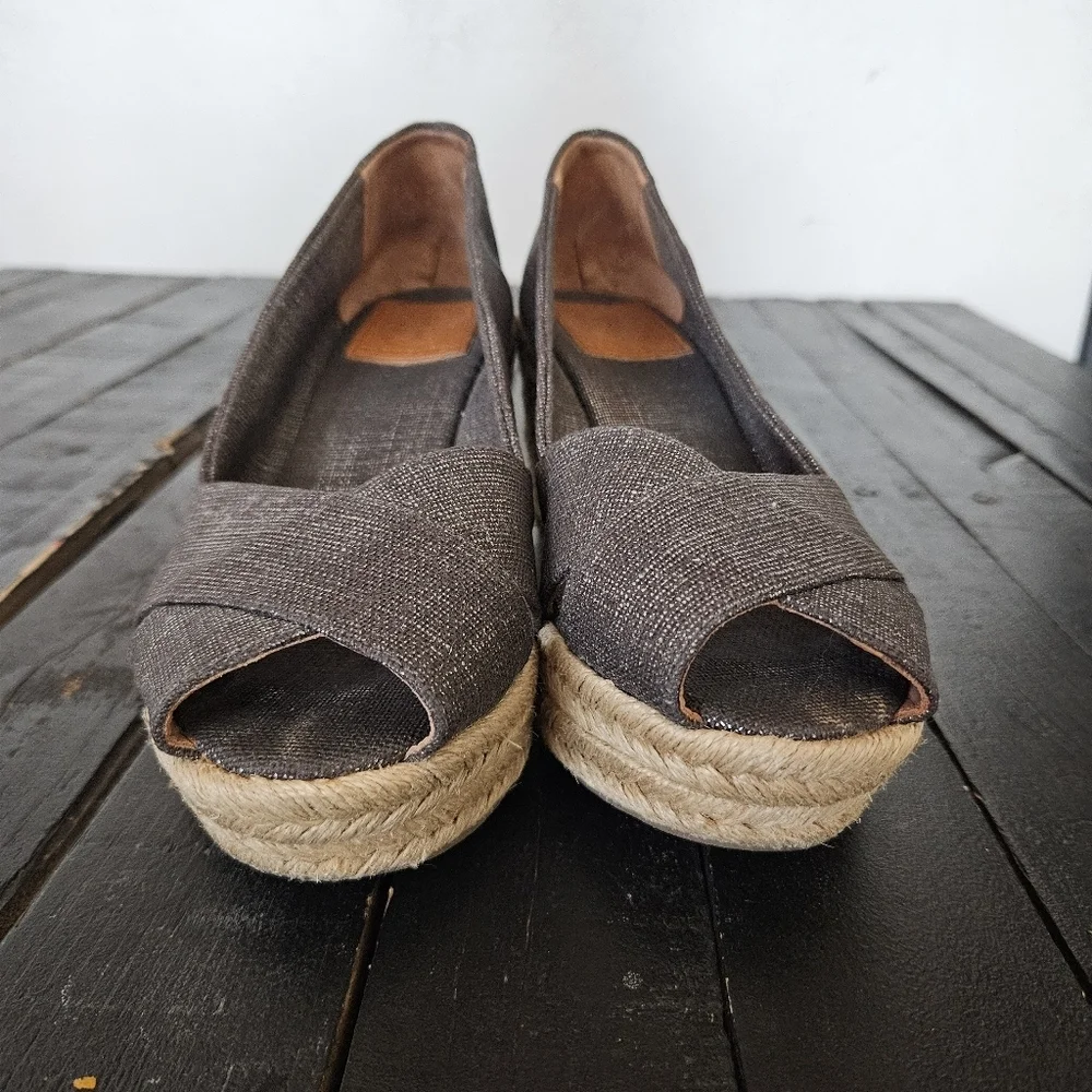 Tory Burch Shimmering Charcoal Grey Espadrille Wedges Peep Toe Heels Women's 7.5